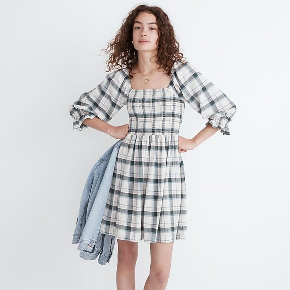 Madewell Lucie Elbow-Sleeve Smocked Mini Dress in Lebaum Plaid Size Small NWT